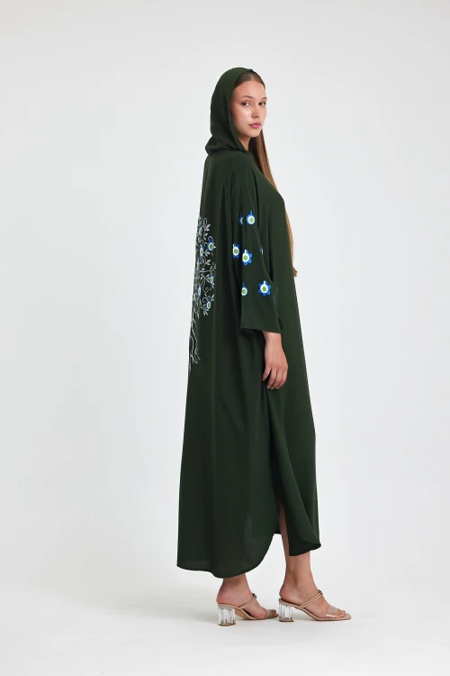 Maxi Boy Haki Kapüşonlu Nakış İşlemeli Örme Viscon Elbise BCVL-25981