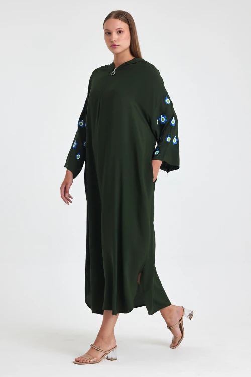 Maxi Boy Haki Kapüşonlu Nakış İşlemeli Örme Viscon Elbise BCVL-25981