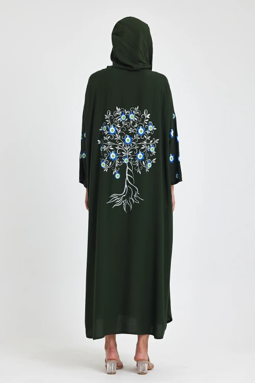 Maxi Boy Haki Kapüşonlu Nakış İşlemeli Örme Viscon Elbise BCVL-25981