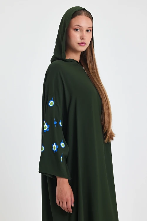 Maxi Boy Haki Kapüşonlu Nakış İşlemeli Örme Viscon Elbise BCVL-25981