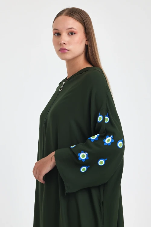 Maxi Boy Haki Kapüşonlu Nakış İşlemeli Örme Viscon Elbise BCVL-25981