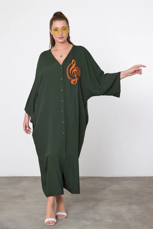 Maxi Boy Haki Nakış İşlemeli Dokuma Viscon Elbise BCVL-25V050