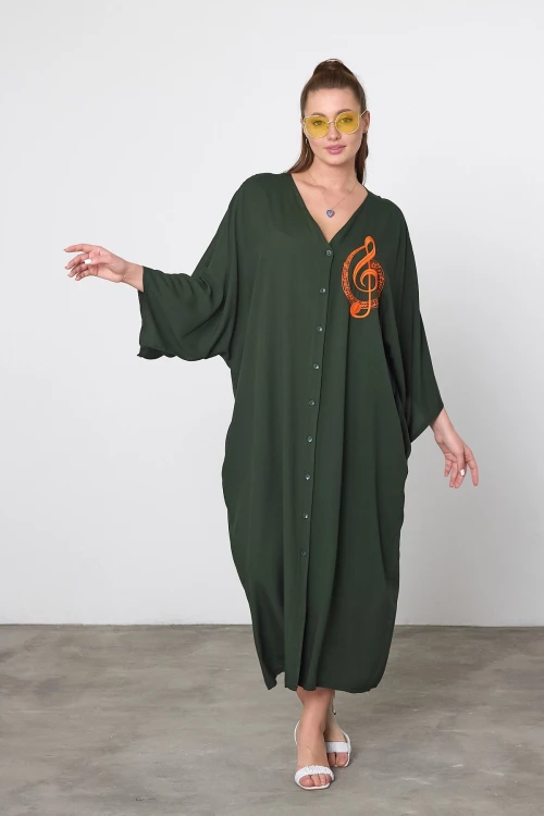 Maxi Boy Haki Nakış İşlemeli Dokuma Viscon Elbise BCVL-25V050