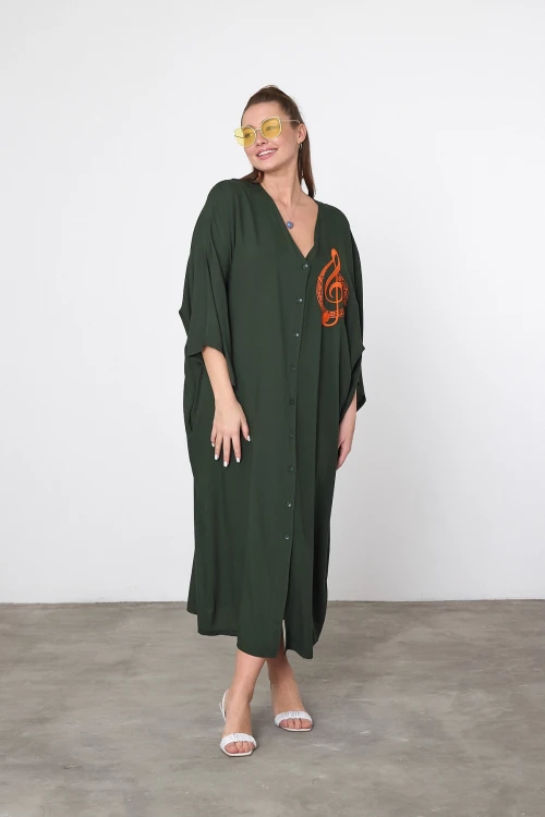 Maxi Boy Haki Nakış İşlemeli Dokuma Viscon Elbise BCVL-25V050