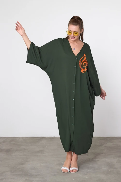 Maxi Boy Haki Nakış İşlemeli Dokuma Viscon Elbise BCVL-25V050