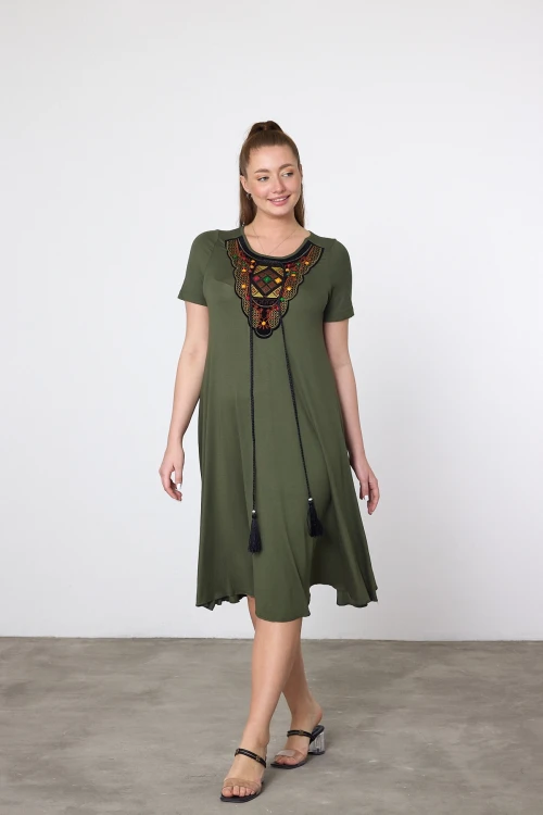 Maxi Boy Haki Nakış İşlemeli Örme Viscon Elbise BCVL-25V22