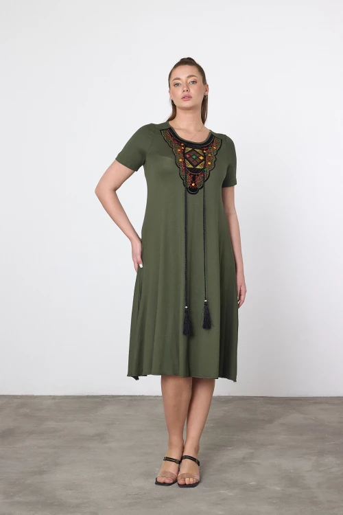 Maxi Boy Haki Nakış İşlemeli Örme Viscon Elbise BCVL-25V22