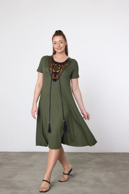Maxi Boy Haki Nakış İşlemeli Örme Viscon Elbise BCVL-25V22