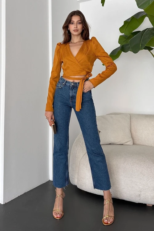 Hardal Kruvaze Yaka Beli Kuşaklı Crop Bluz BCDF-242108