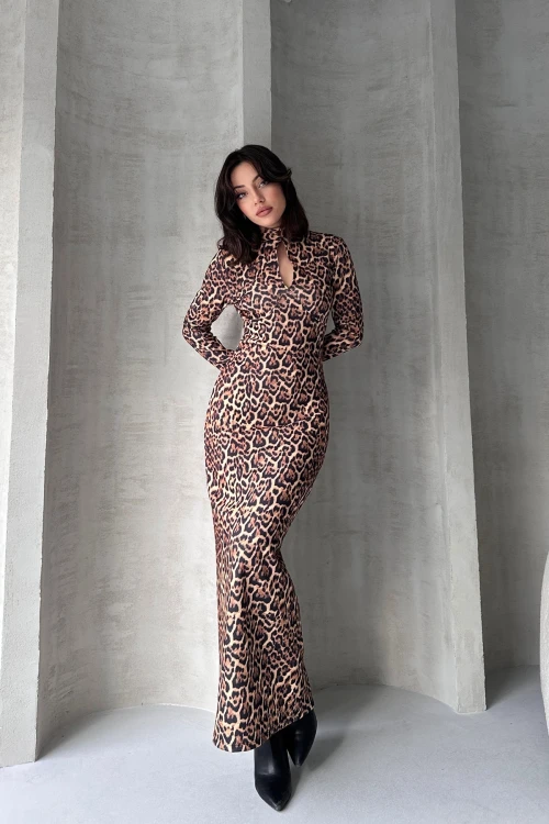 Kahverengi Öpücük Yaka Maxi Boy Desenli Elbise BCDF-252148