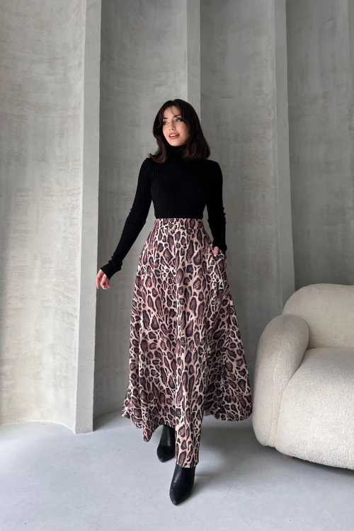 Kahverengi Yüksek Bel Leopar Desenli Çan Etek BCDF-242142