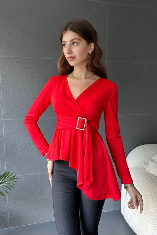 Kırmızı Asimetrik Kesim Kemer Detaylı Bluz BCDF-242118