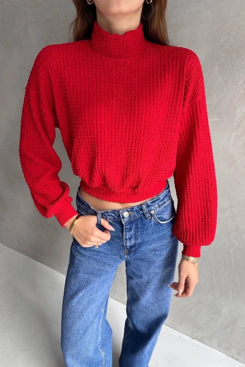 Kırmızı Balıkçı Yaka Dokulu Crop Bluz BCDF-242126