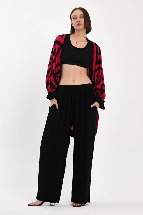 Maxi Boy Kırmızı Baskılı Kimono Ve Pantolon Dokuma Viscon Alt Üst Takım BCVL-251061