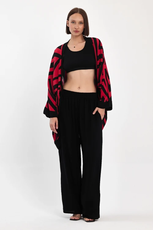 Maxi Boy Kırmızı Baskılı Kimono Ve Pantolon Dokuma Viscon Alt Üst Takım BCVL-251061