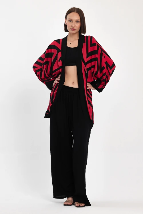 Maxi Boy Kırmızı Baskılı Kimono Ve Pantolon Dokuma Viscon Alt Üst Takım BCVL-251061