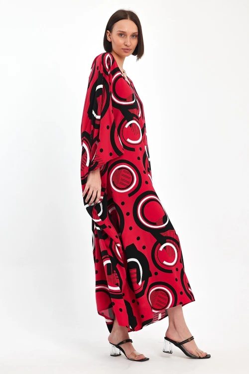Kırmızı Baskılı Maxi Boy Dokuma Viscon Elbise