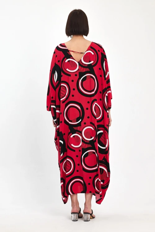 Kırmızı Baskılı Maxi Boy Dokuma Viscon Elbise