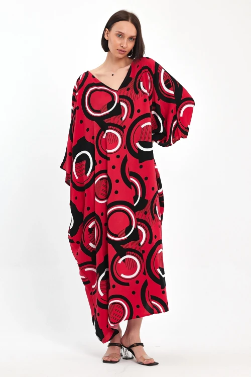 Kırmızı Baskılı Maxi Boy Dokuma Viscon Elbise