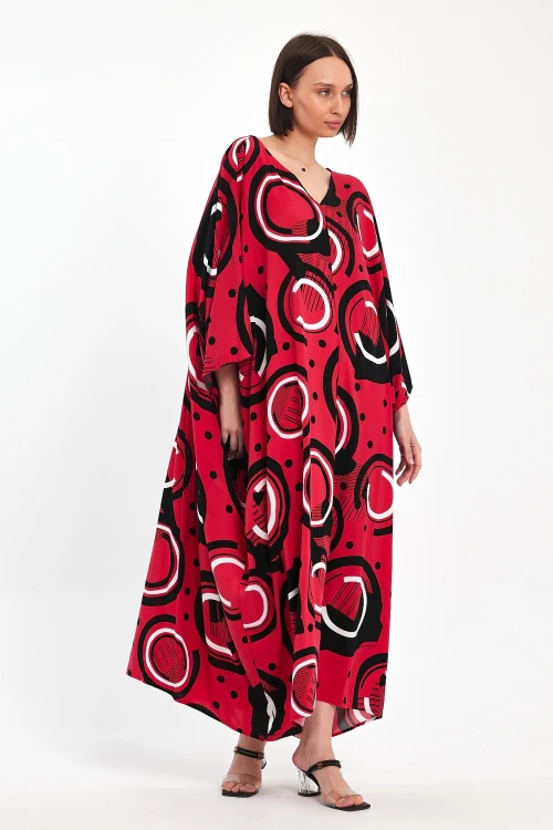 Kırmızı Baskılı Maxi Boy Dokuma Viscon Elbise