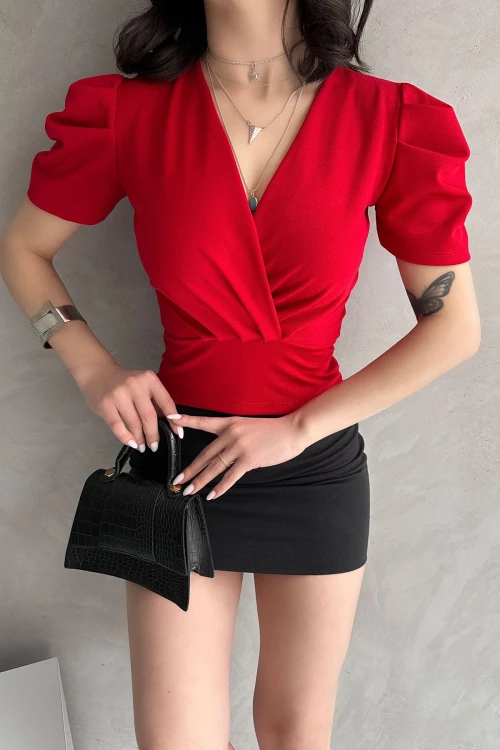 Kırmızı Kruvaze Yaka Karpuz Kol Crep Bluz BCDF-252165