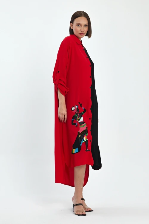 Maxi Boy Kırmızı Nakış İşlemeli Dokuma Viscon Elbise BCVL-25991