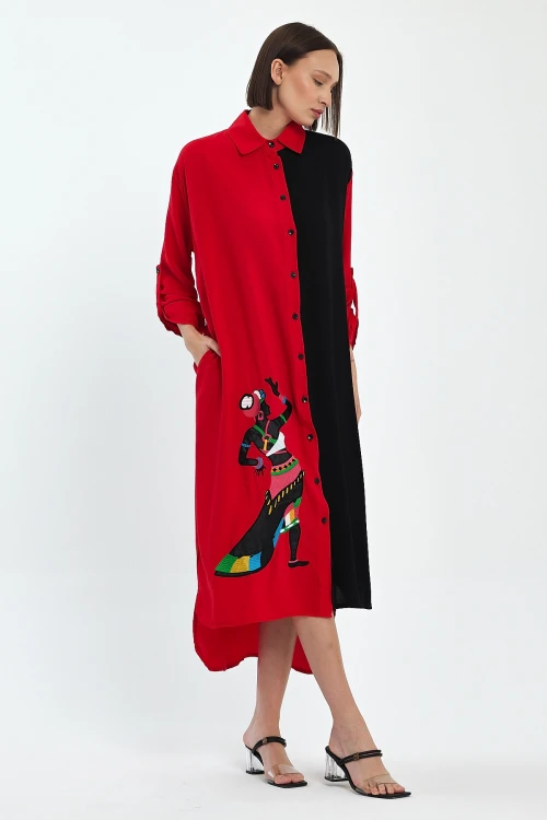 Maxi Boy Kırmızı Nakış İşlemeli Dokuma Viscon Elbise BCVL-25991