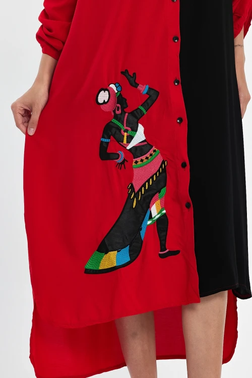 Maxi Boy Kırmızı Nakış İşlemeli Dokuma Viscon Elbise BCVL-25991