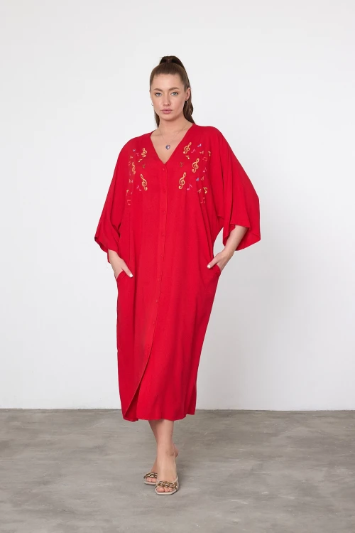 Maxi Boy Kırmızı Nakış İşlemeli Dokuma Viscon Elbise BCVL-25V040