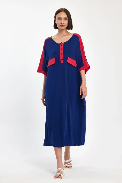 Lacivert Baskılı Maxi Boy Dokuma Viscon Elbise