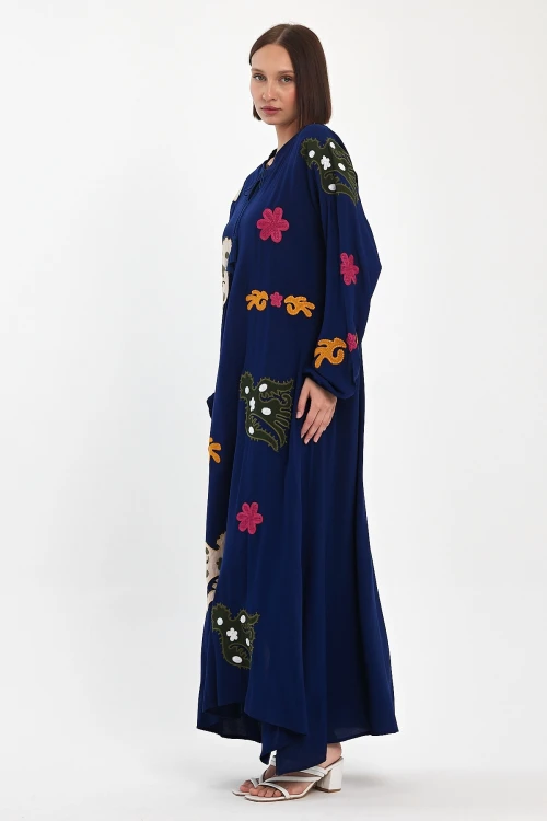 Maxi Boy Lacivert Hakim Yaka Nakış İşlemeli Uzun Dokuma Elbise BCVL-24915