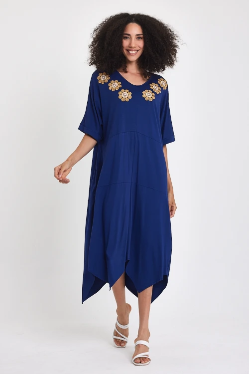 Maxi Boy Lacivert Nakış İşlemeli Örme Viscon Elbise BCVL-251064