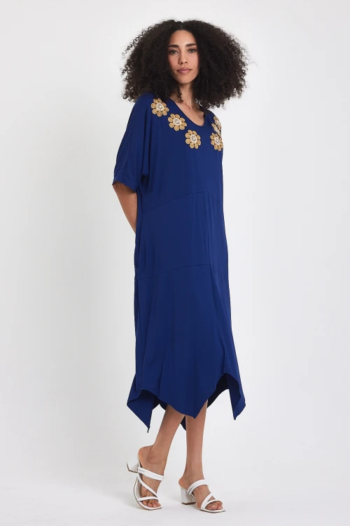Maxi Boy Lacivert Nakış İşlemeli Örme Viscon Elbise BCVL-251064