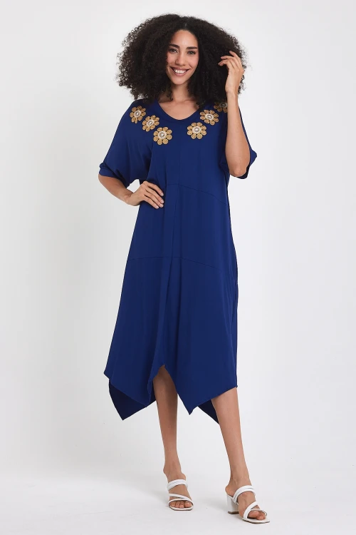 Maxi Boy Lacivert Nakış İşlemeli Örme Viscon Elbise BCVL-251064