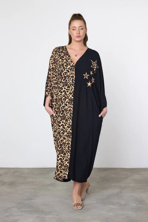 Maxi Boy Leopar Nakış İşlemeli Dokuma Viscon Elbise BCVL-253102