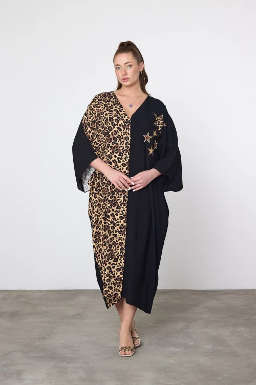 Maxi Boy Leopar Nakış İşlemeli Dokuma Viscon Elbise BCVL-253102