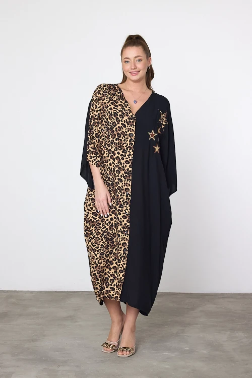 Maxi Boy Leopar Nakış İşlemeli Dokuma Viscon Elbise BCVL-253102