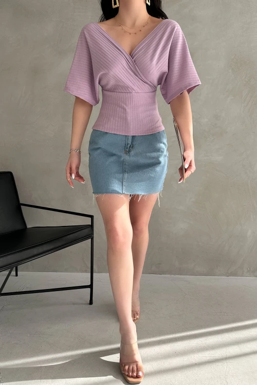 Lila V Yaka Sırtı Çapraz Bantlı Fitilli Bluz  BCDF-252177