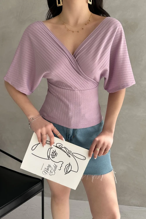 Lila V Yaka Sırtı Çapraz Bantlı Fitilli Bluz  BCDF-252177