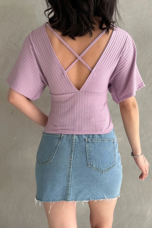 Lila V Yaka Sırtı Çapraz Bantlı Fitilli Bluz  BCDF-252177