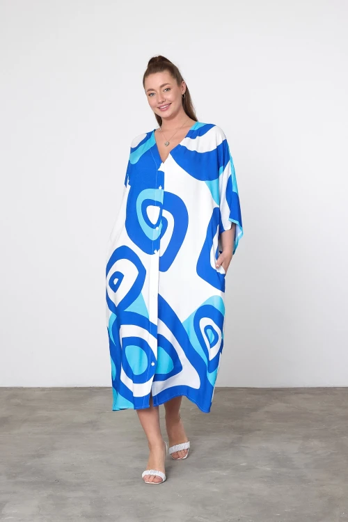 Maxi Boy Mavi Baskılı Dokuma Viscon Elbise BCVL-25905