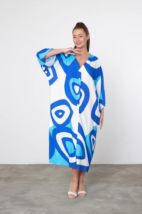 Maxi Boy Mavi Baskılı Dokuma Viscon Elbise BCVL-25905