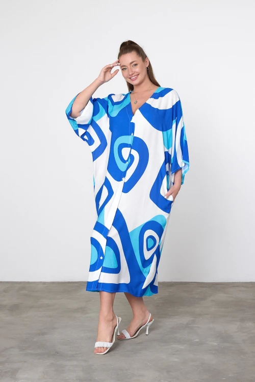 Maxi Boy Mavi Baskılı Dokuma Viscon Elbise BCVL-25905