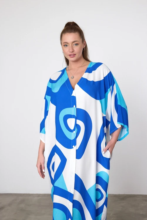 Maxi Boy Mavi Baskılı Dokuma Viscon Elbise BCVL-25905