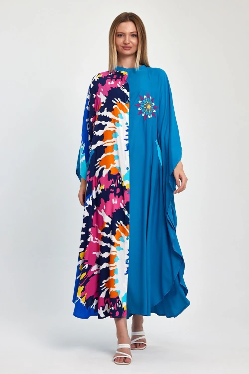 Maxi Boy Mavi Nakış İşlemeli Dokuma Viscon Elbise BCVL-251076