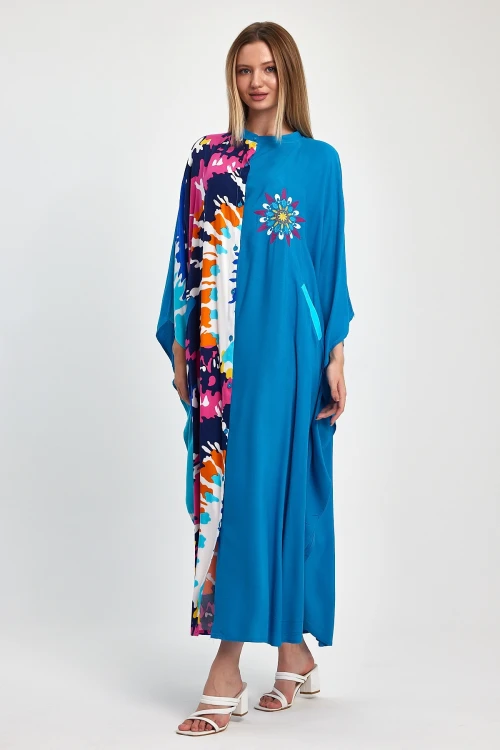 Maxi Boy Mavi Nakış İşlemeli Dokuma Viscon Elbise BCVL-251076