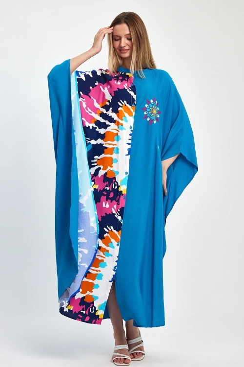 Maxi Boy Mavi Nakış İşlemeli Dokuma Viscon Elbise BCVL-251076