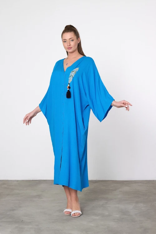 Maxi Boy Mavi Nakış İşlemeli Dokuma Viscon Elbise BCVL-25V039