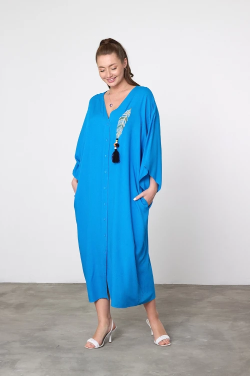 Maxi Boy Mavi Nakış İşlemeli Dokuma Viscon Elbise BCVL-25V039