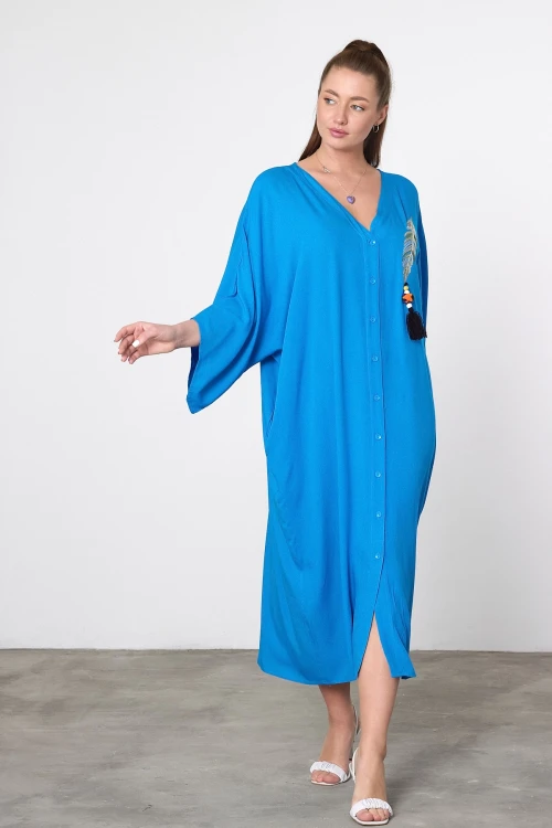 Maxi Boy Mavi Nakış İşlemeli Dokuma Viscon Elbise BCVL-25V039